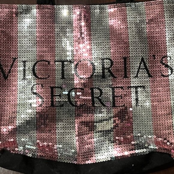 Victoria's Secret Pink Silver Stripe Sequin Bling Weekender Tote Bag - Picture 2 of 5